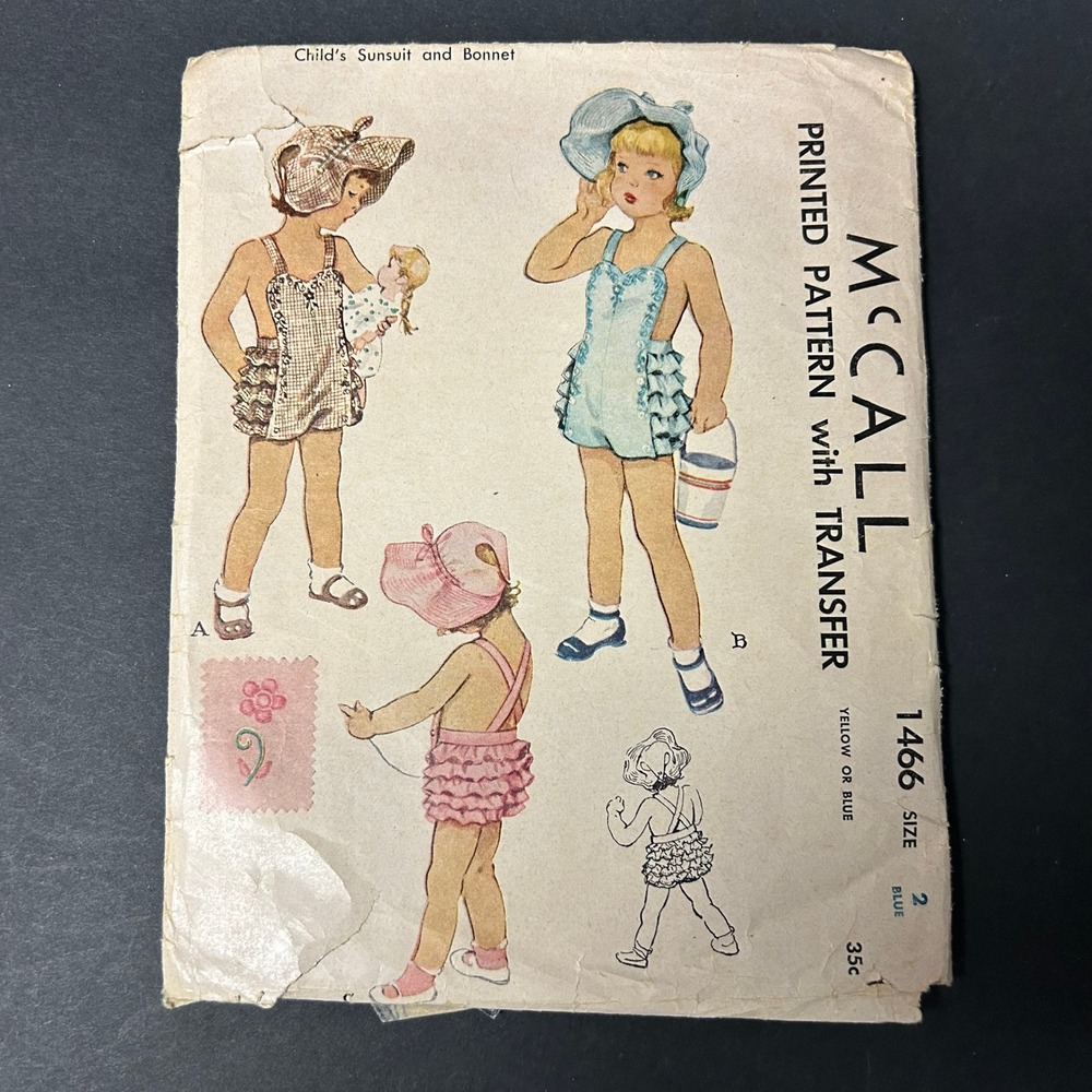 Vintage 1949 McCall‎ Sewing Pattern 1466 Child Size 2 Sunsuit and Bonnet